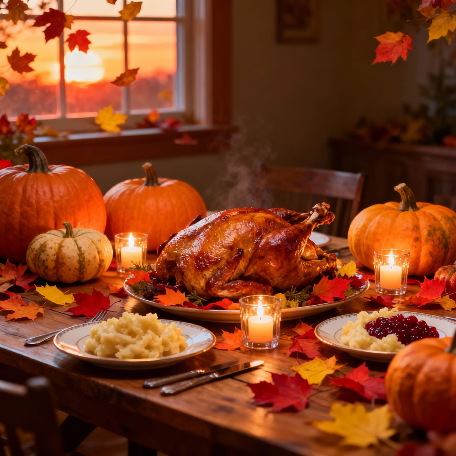 Cozy Thanksgiving Table Setting with Pumpkins and Candles
