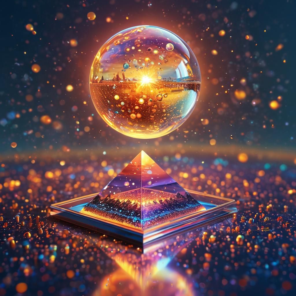 Holographic pyramid with a sphere a fire stacked on top of it encased in a square glass case with many iridescent hologr...