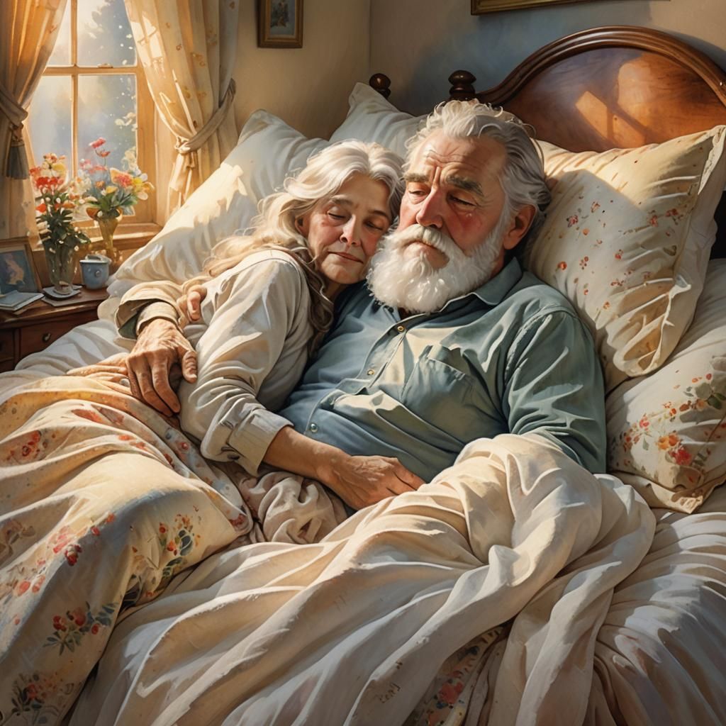 Touching Watercolor of Elderly Couple in Bed