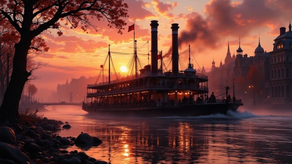 Steamboat on Mississippi River at Fantastical Sunset