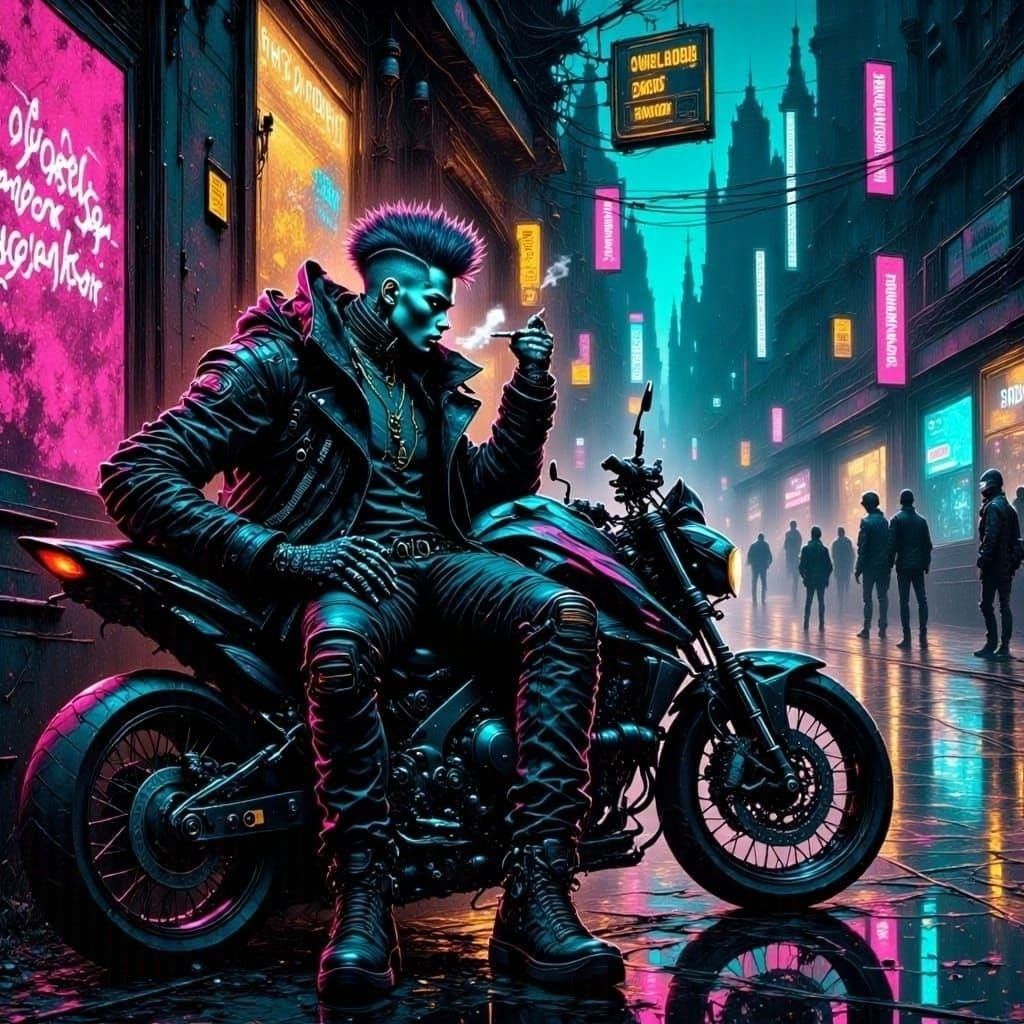 Cyborg Smoker on Superbike in Cyberpunk Style