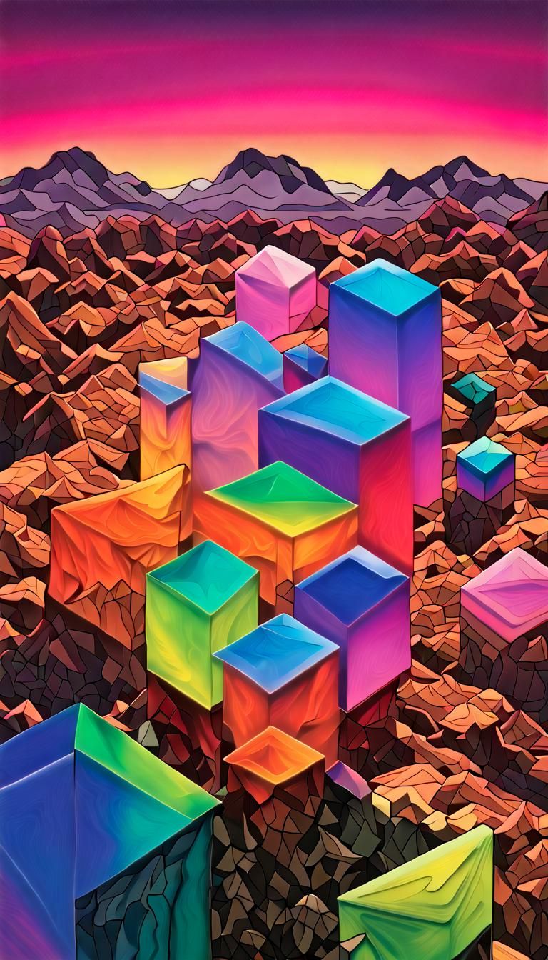 Rainbow Neon Geometric Figures in Iridescent Desert