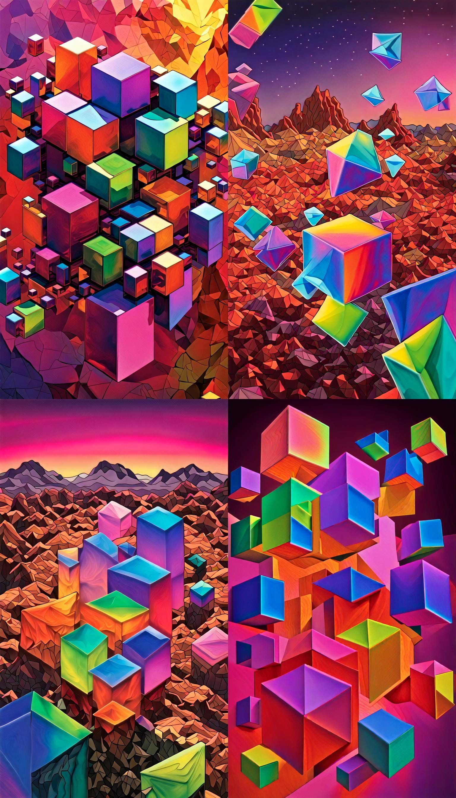 Vibrant Neon Geometric Figures Dance Above an Iridescent Roc...