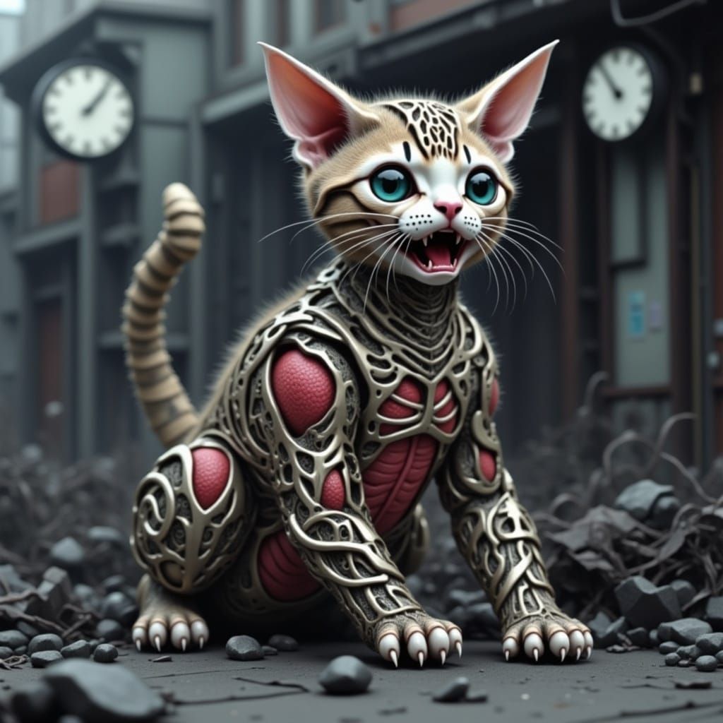 Horrific Kitten-Cyborg in Junji Ito Style