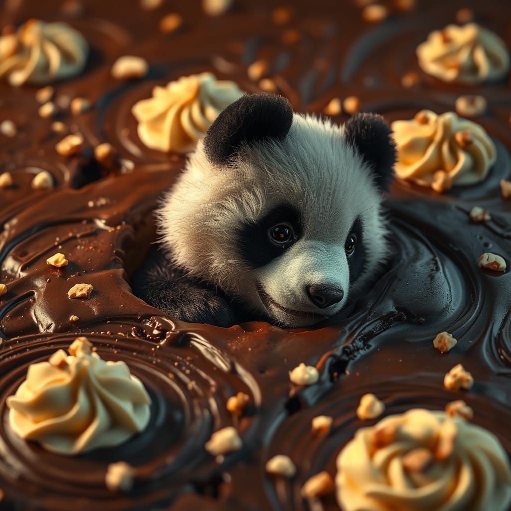 Panda Emerges from Velvety Brownie Wonderland