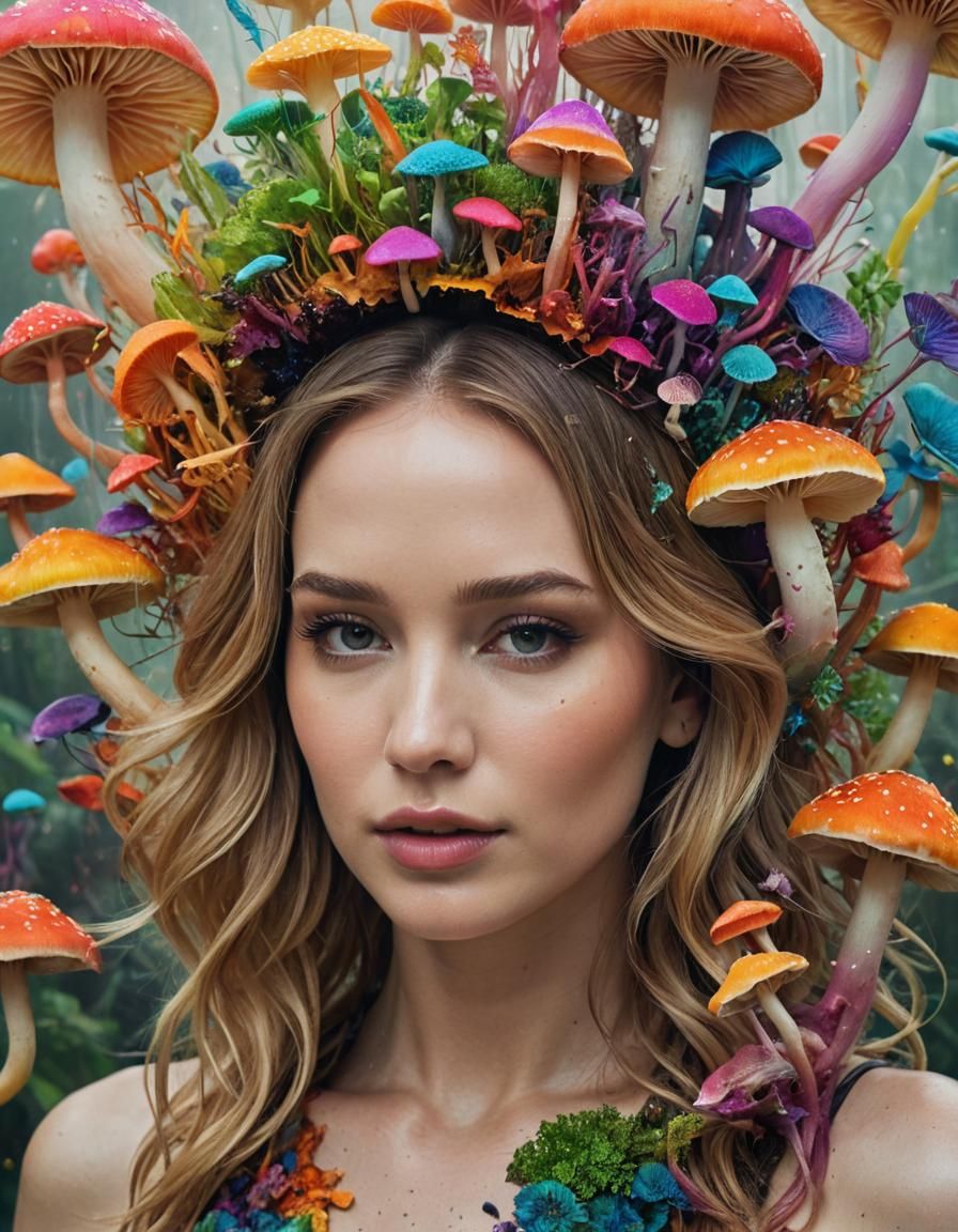 Rainbow Mushroom Goddess in Double Exposure Watercolor