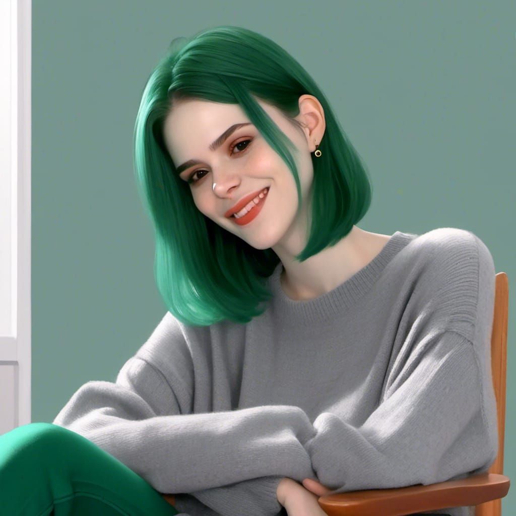4d art, head and shoulders portrait of <lora:Sapho:1.0> sitting in folding chair in room with white walls, serene smile,...