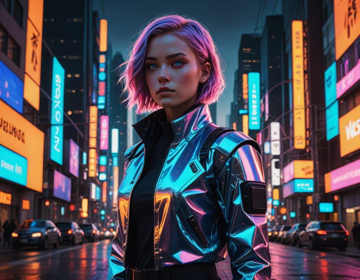 Cyberpunk Female in Neon Cityscape