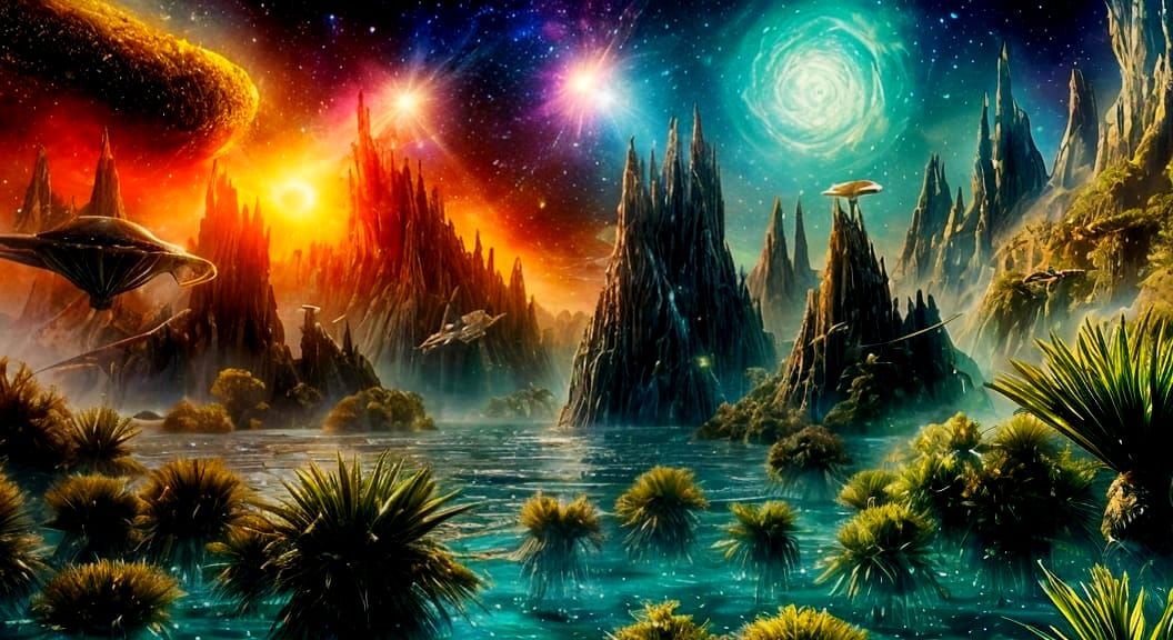 Aquatic Aliens Swimming in Cosmic Universe Portrait