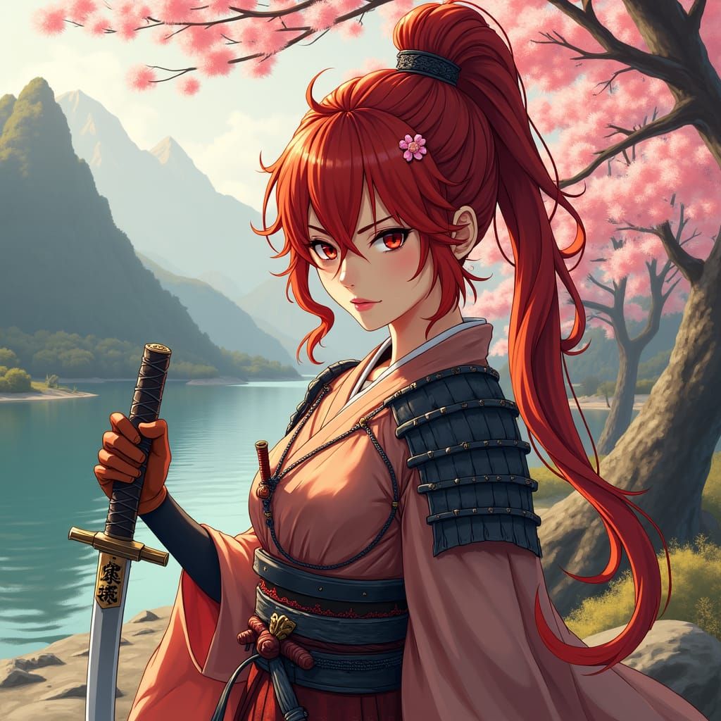 Anime Samurai with Katana in Japanese Countryside