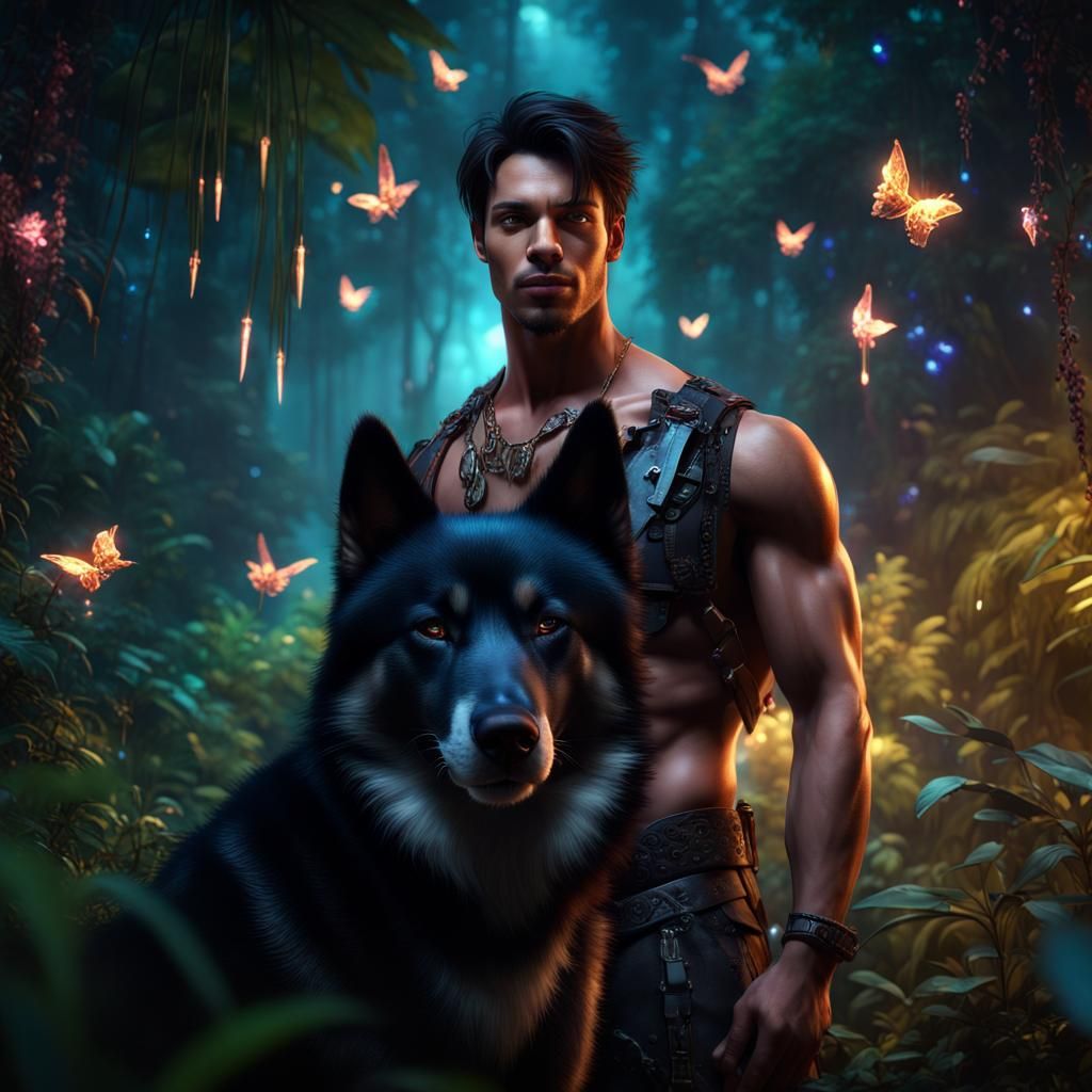 Hyper Realistic handsome muscular young prince standing with his black husky in a dark mystical jungle at night with fir...