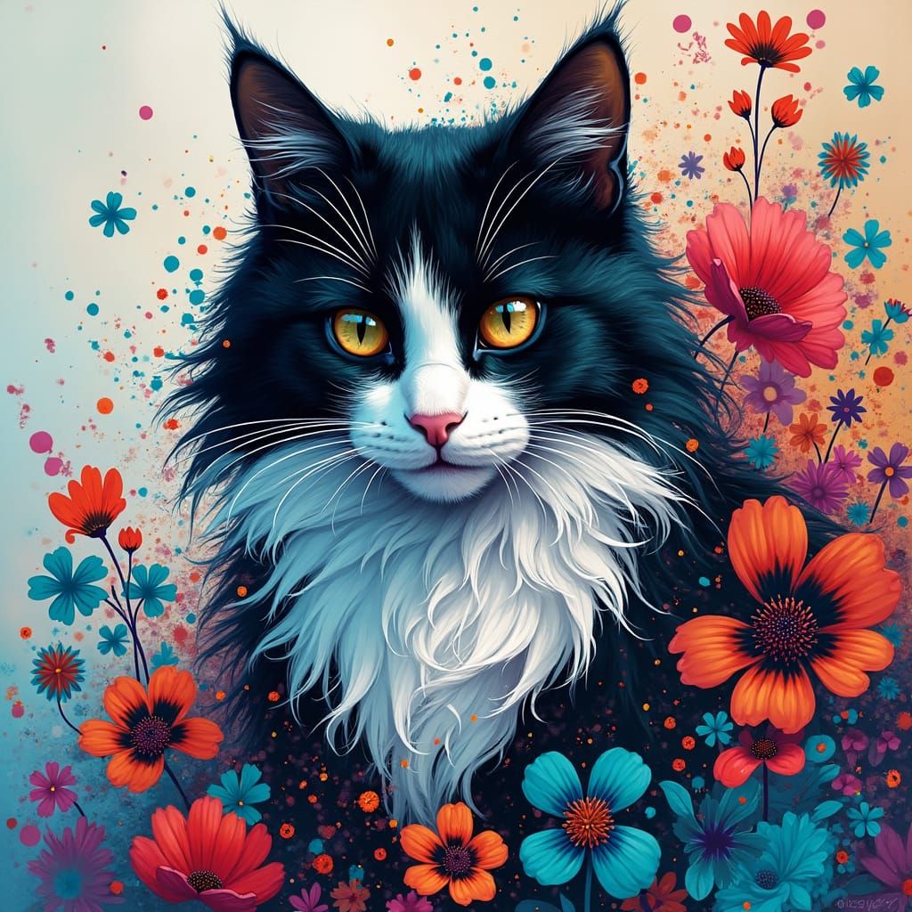 Psychedelic Tuxedo Cat Ablaze with Flowers and Art