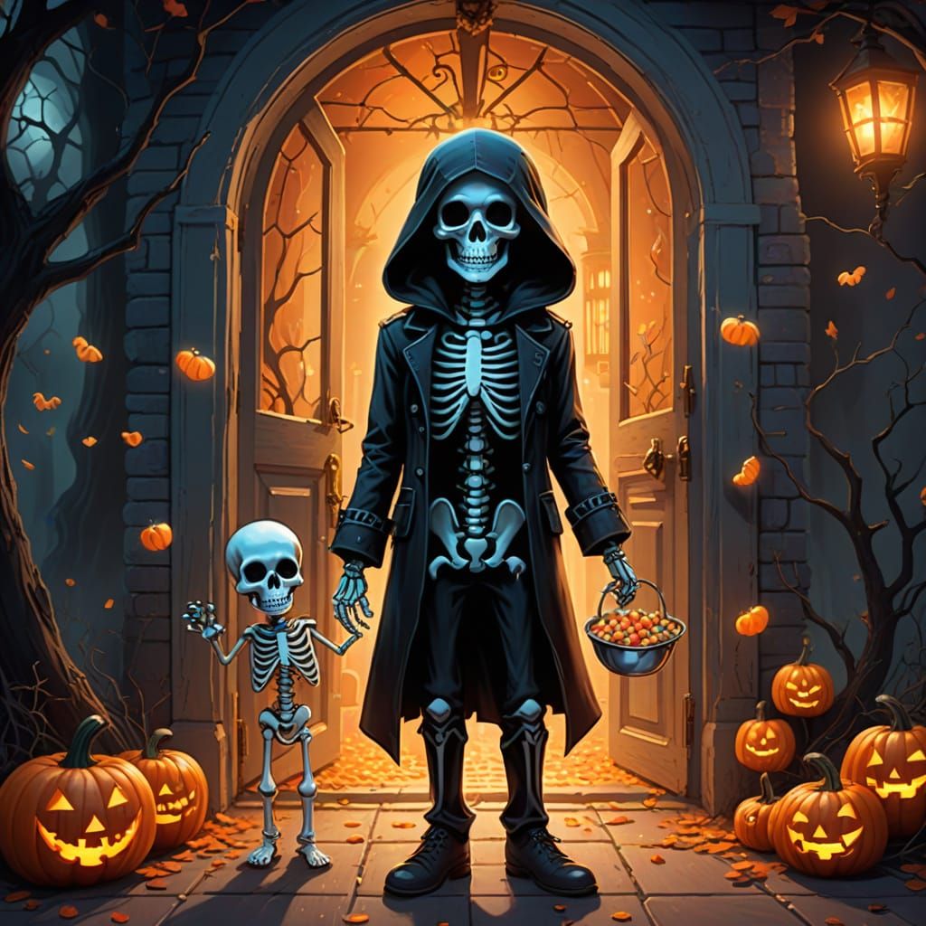 Whimsical Halloween Scene: Skeletons Receive Candy from Ghos...