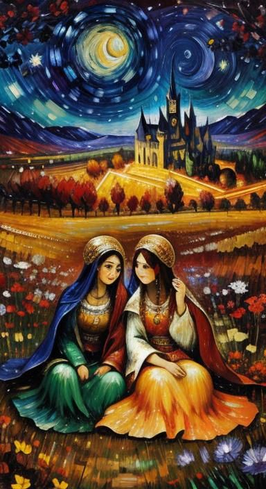 Organic Motherboard Priestesses in Van Gogh Afremov Style