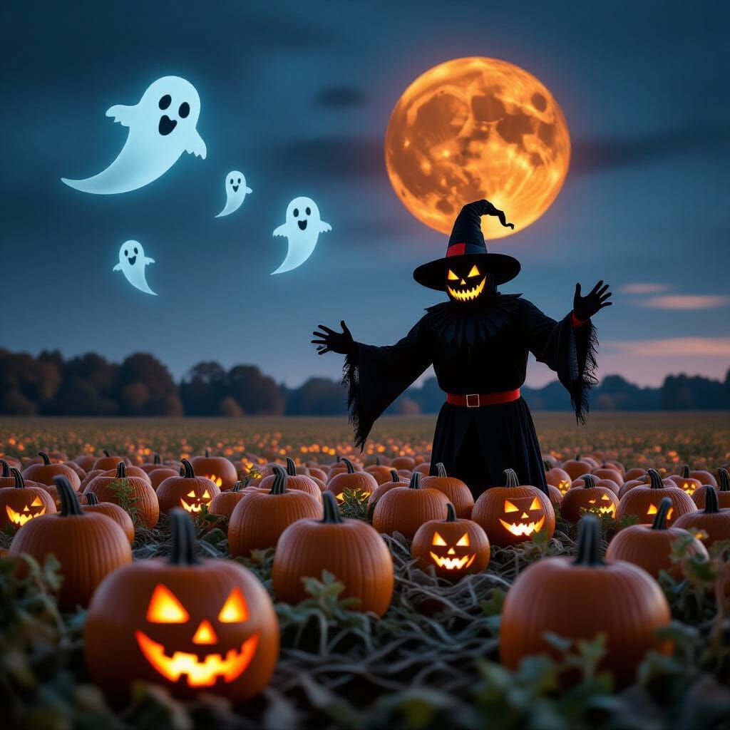 Scary Pumpkin Man with Ghosts and Blood Moon