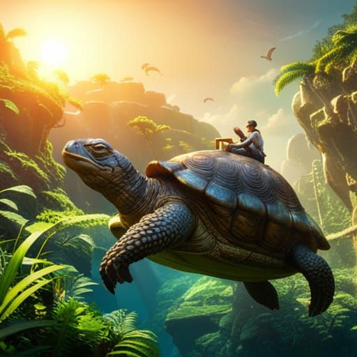 Giant Turtle Taxiing a Sailing Ship Through Jungle