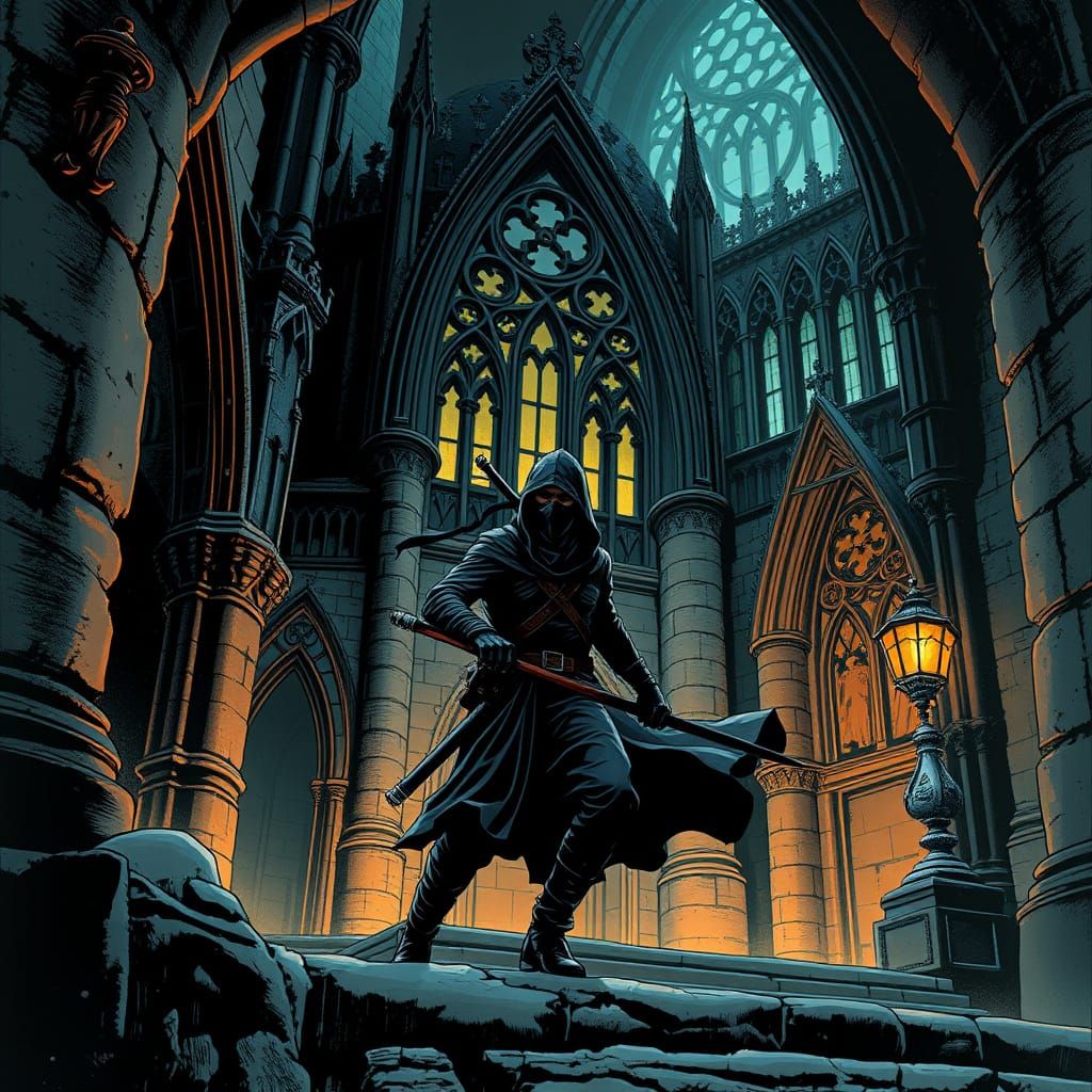 Ninja Warrior Patrolling Gothic Castle, Graphic Novel Style