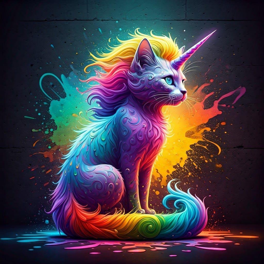 Neon Unicorn Cat in Street Art Style