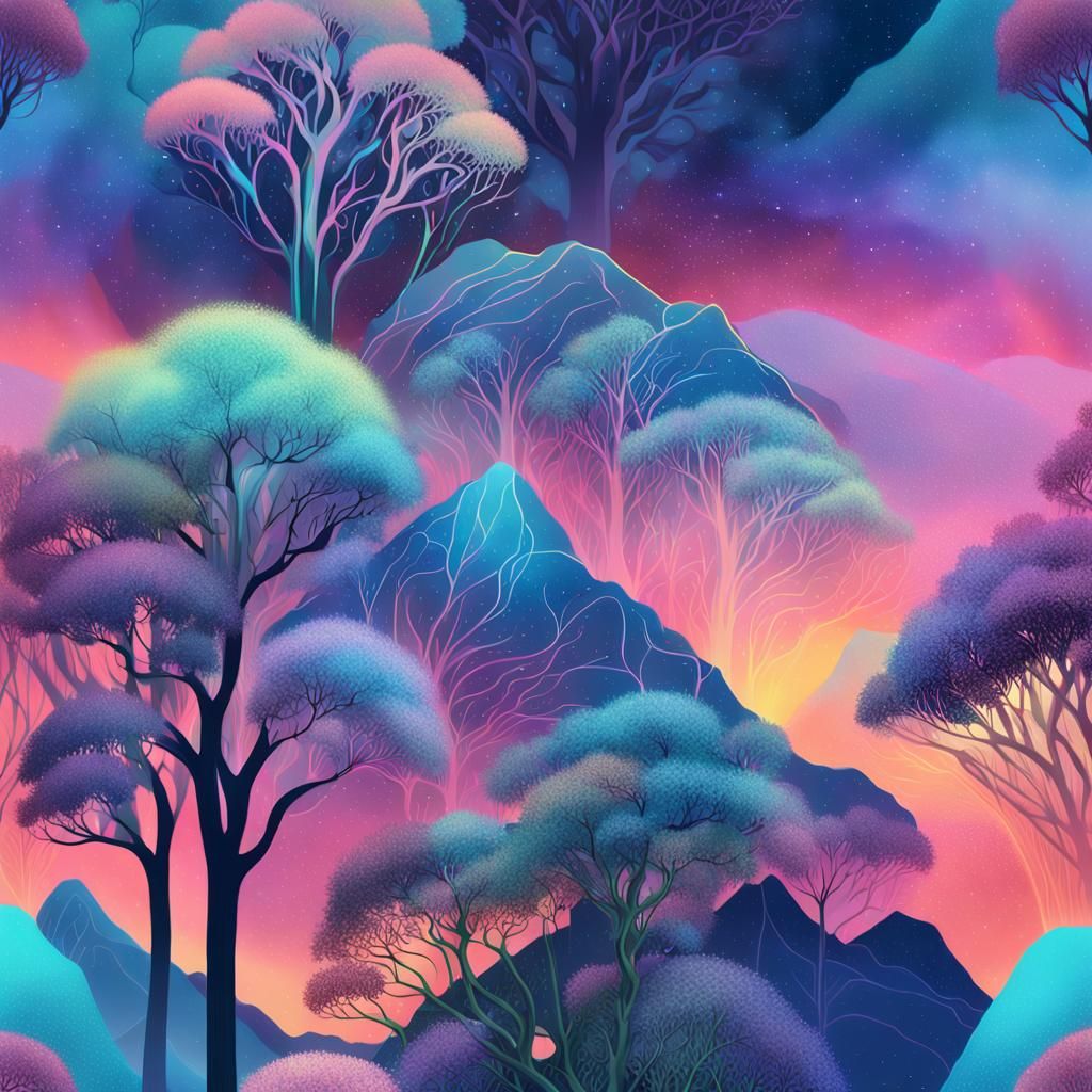 Eucalyptus Trees on Iridescent Peak: Holographic Art