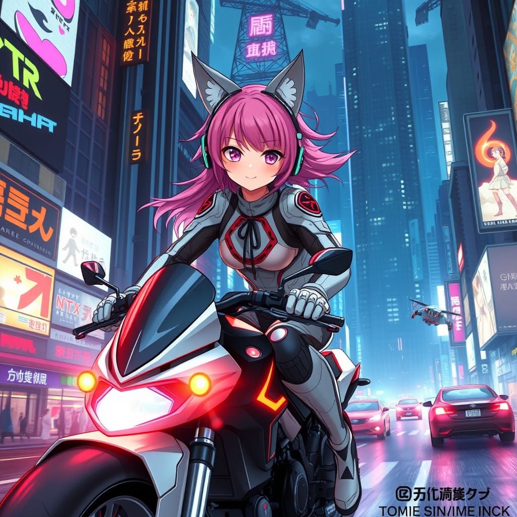 Neon Cyberpunk Neko Girl Speeds Through Futuristic City on H...