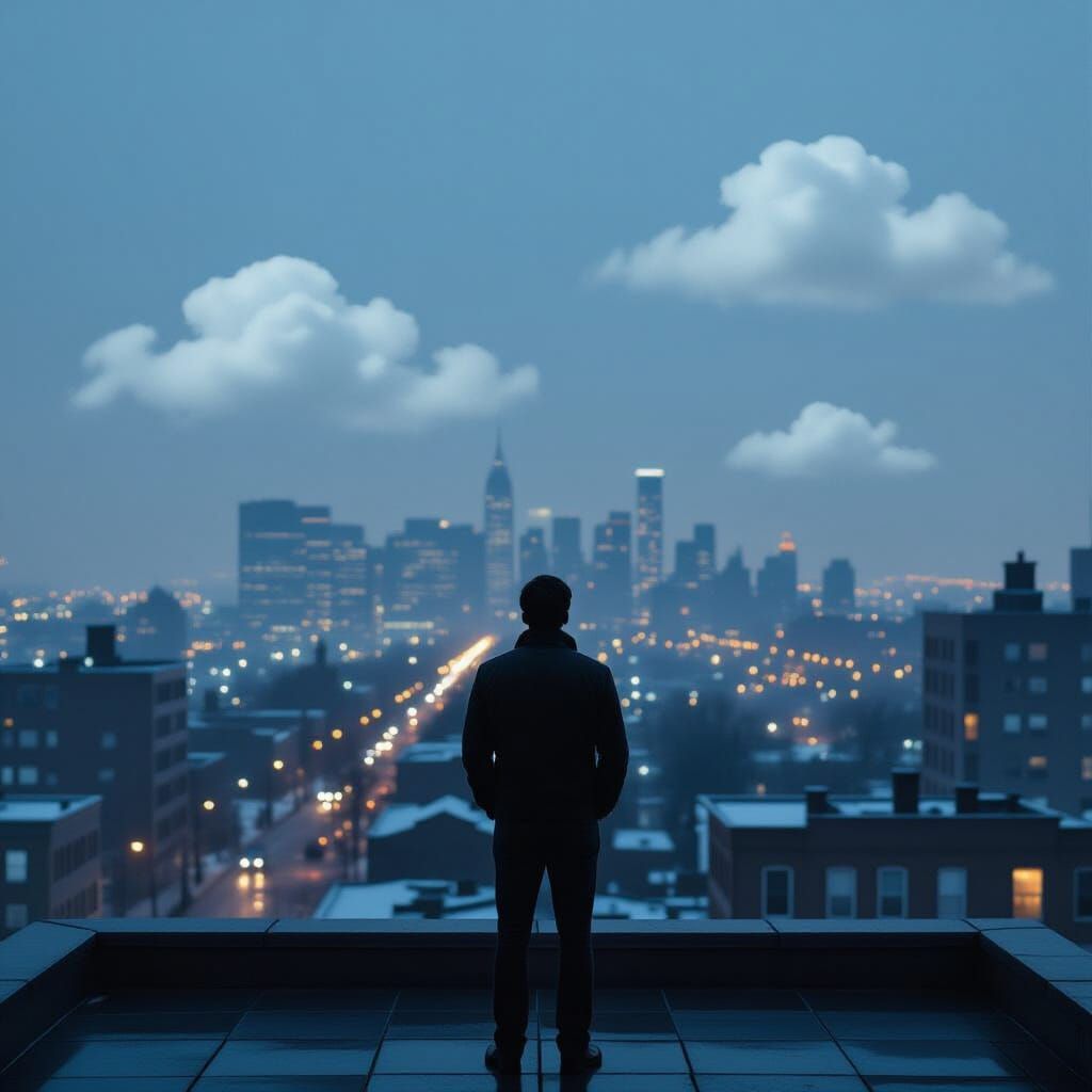 Contemplative Writer Gazing at City Lights