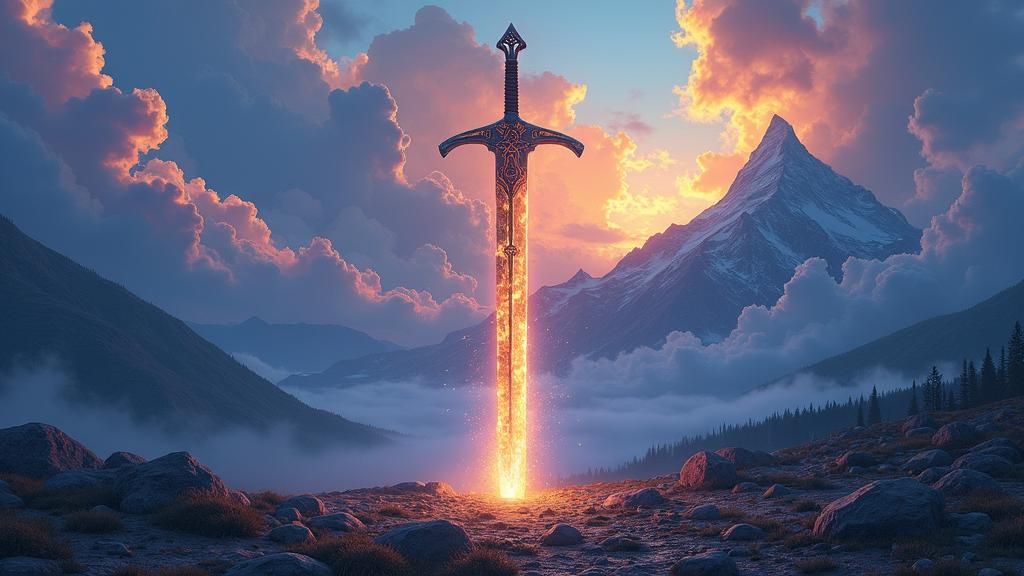 Ethereal Sword Amidst Majestic Mountains