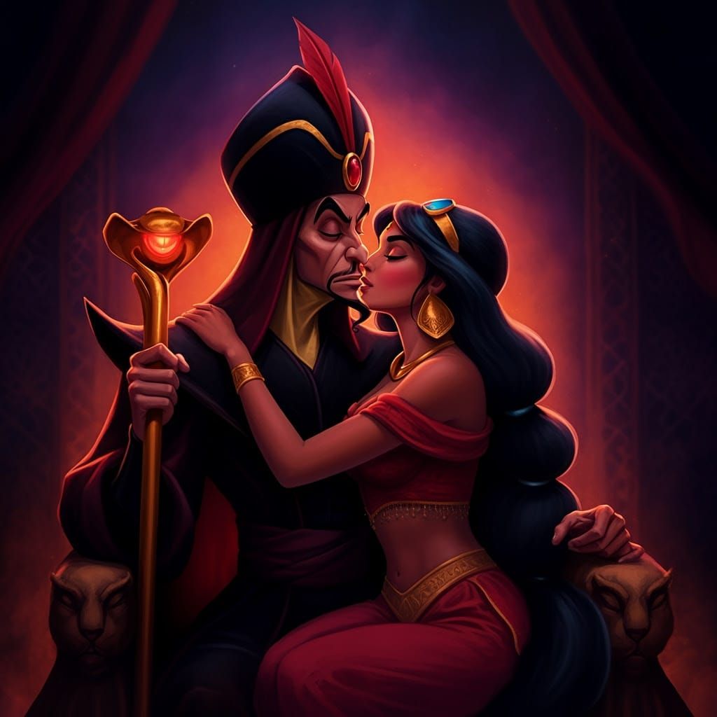 Elegant Princess Kissing Dark Lord in Midnight Palace