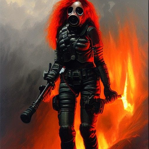 Teenage Girl with Gas Mask in Ominous Armor