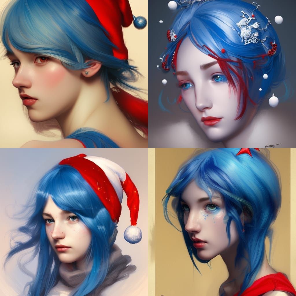 Blue-Haired Princess with Christmas Hat, Detailed Portrait