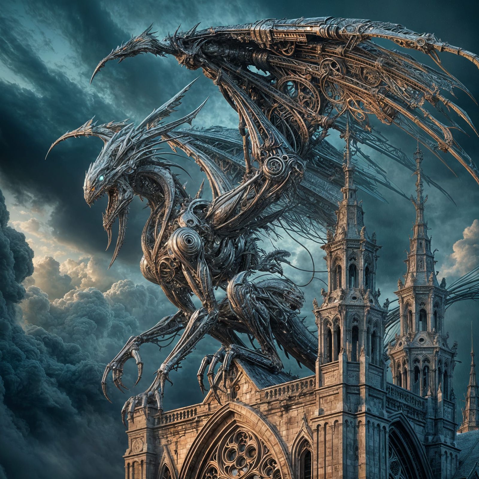 Biomechanical Dragon on Art Nouveau Cathedral Spire