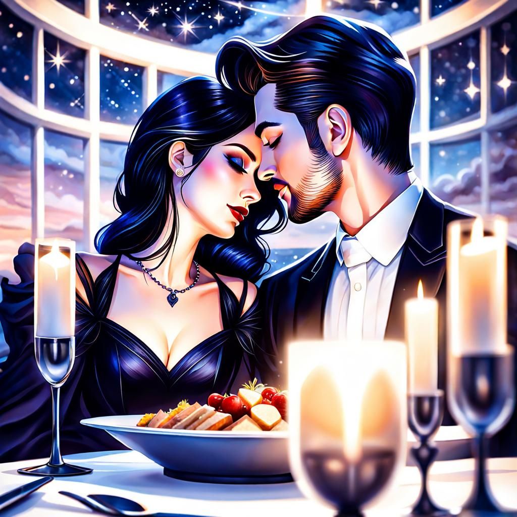 Romantic Candlelit Dinner of Goth Couple, Watercolor