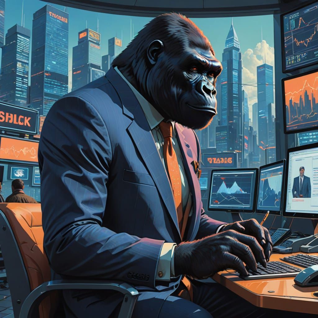 Futuristic Gorilla Investor in Modern Cityscape