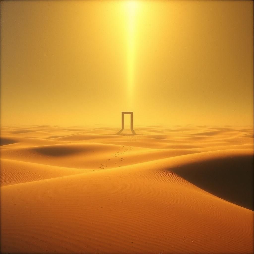 Sunlit Dunes and Distant Archway: Surreal Landscape