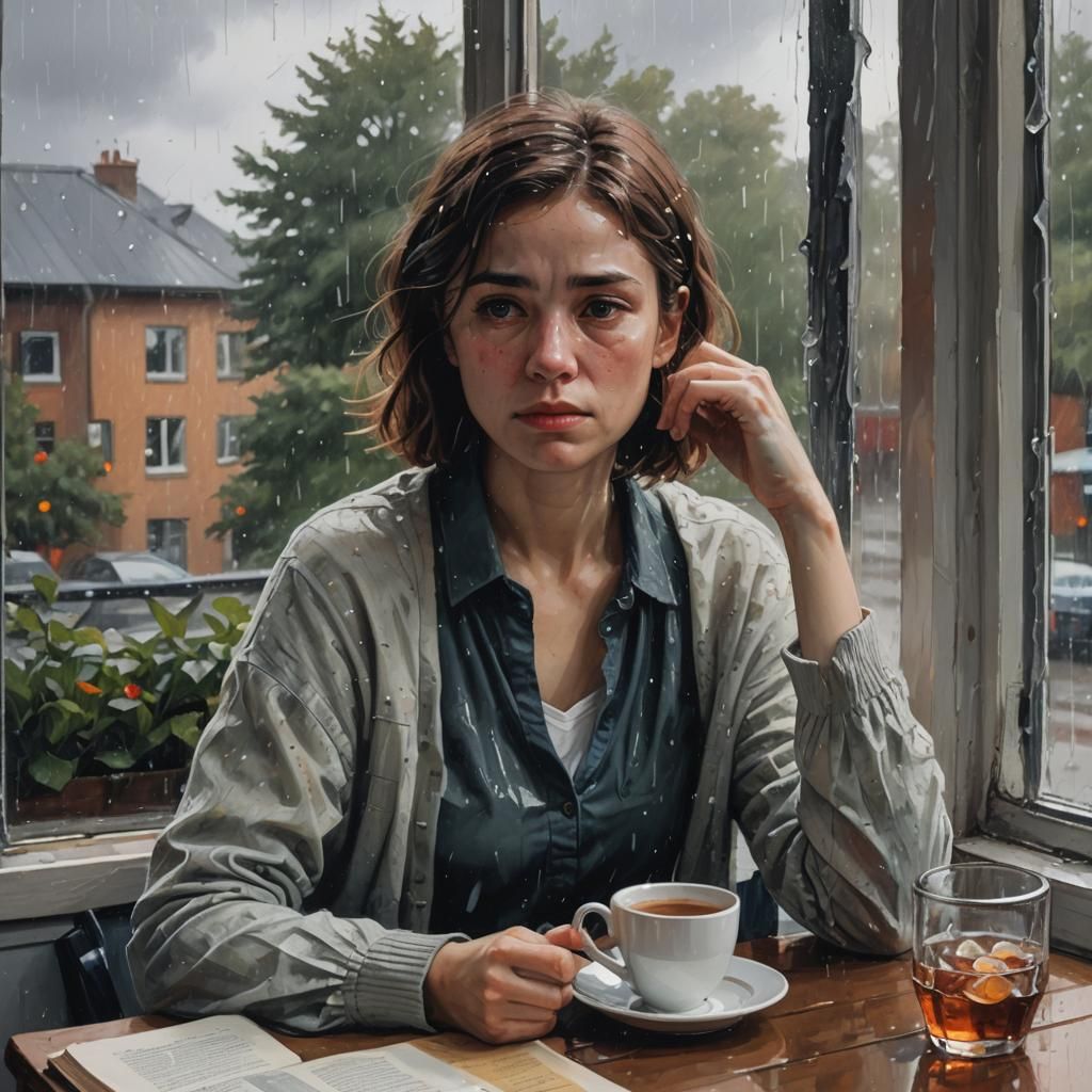 Sad Woman Gazing out Rainy Window