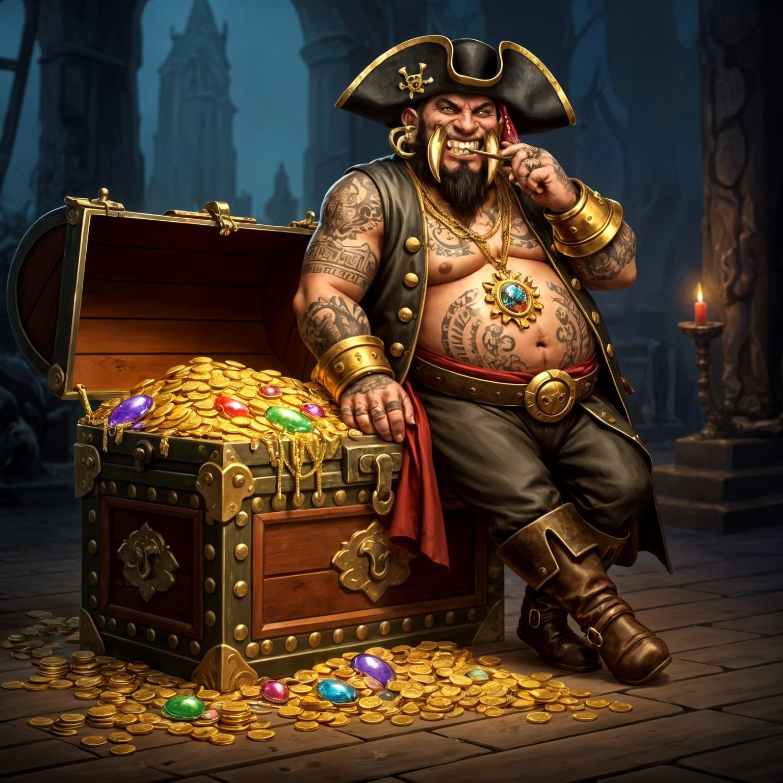 Ornate Pirate Treasure Chest with Tusked Pirate