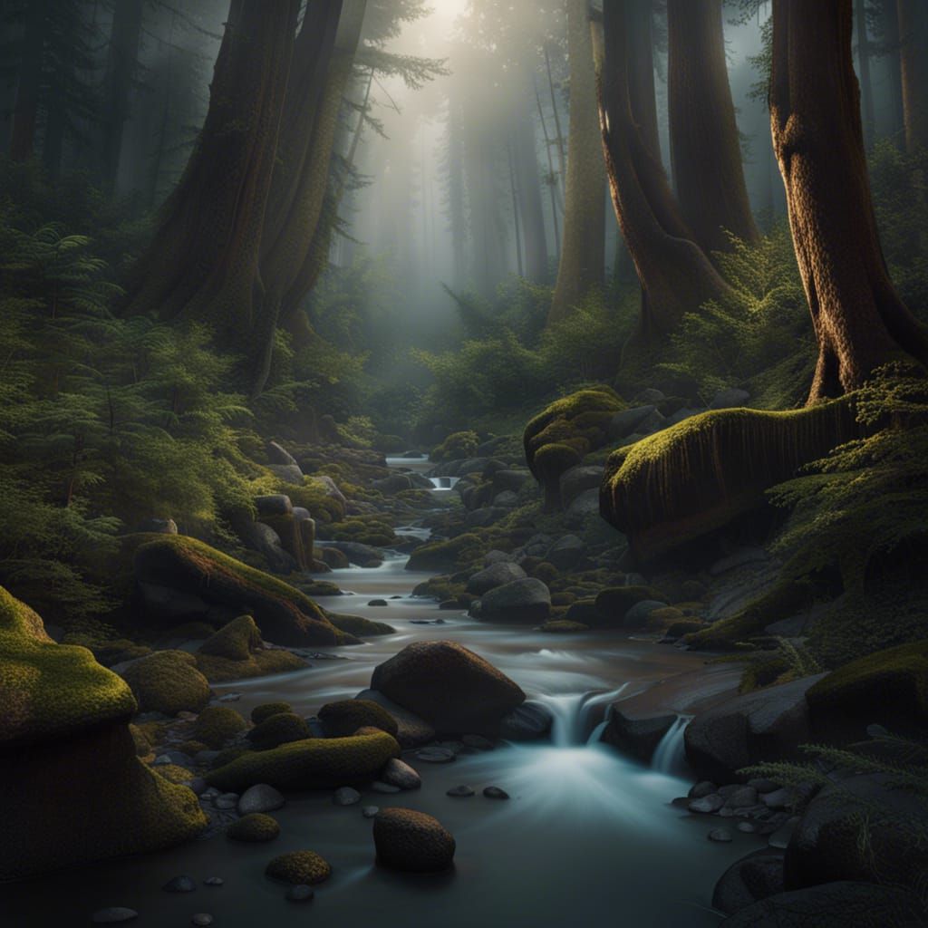 Epic Redwood Forest River in Dark Fantasy Style