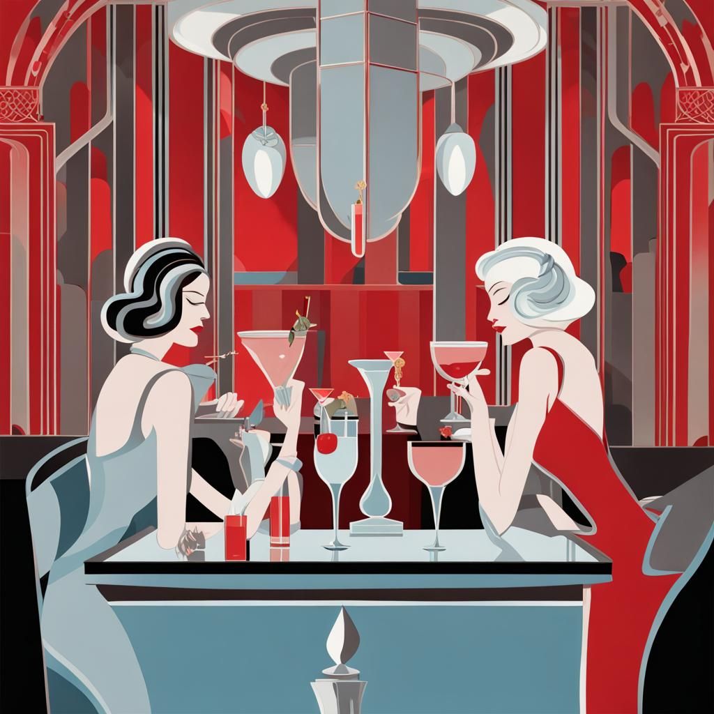 Art Deco Women Enjoying Cocktails in Plush Bar