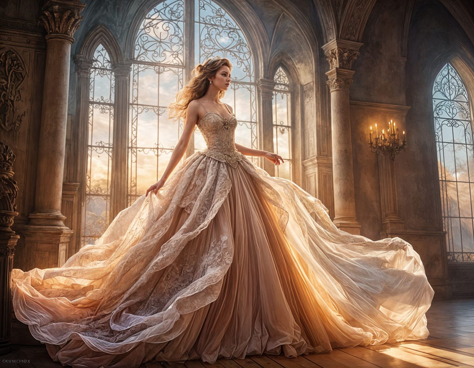 Regal Maiden Waits in Elegant Castle Courtyard