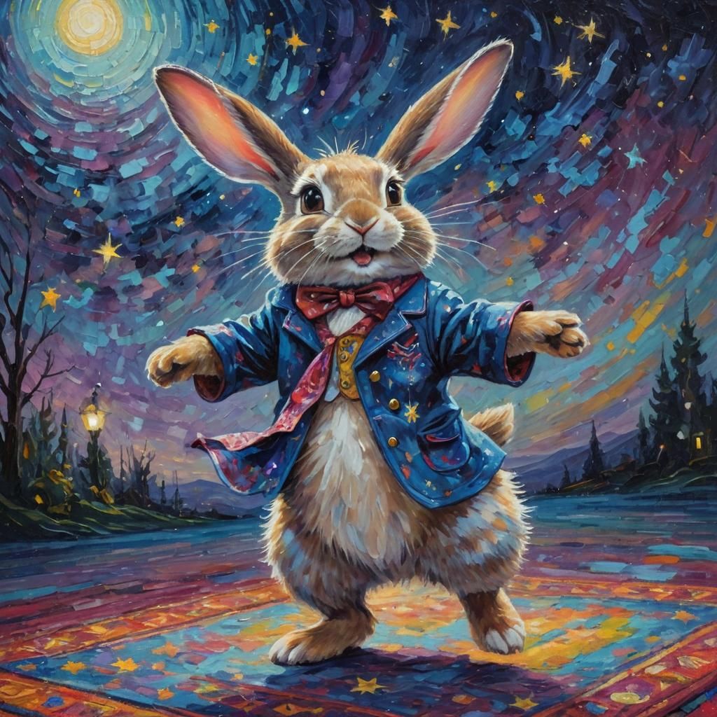 Whimsical Rabbit Dance: An Expressionist Oil Painting
