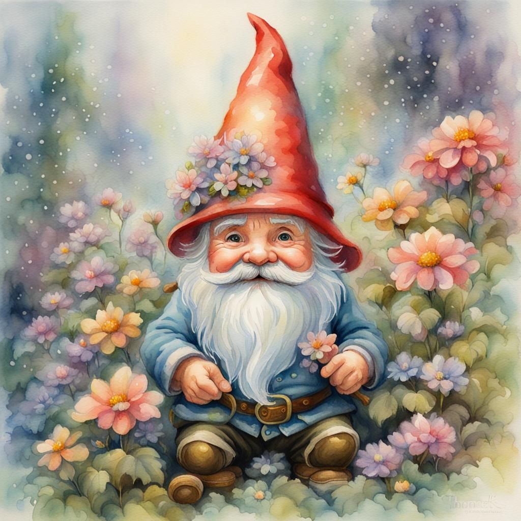 Watercolor Gnome with Flowers in Pastel Hues