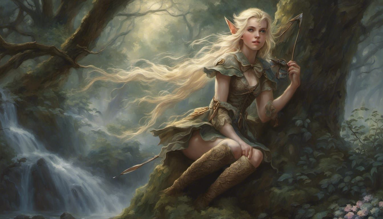 Blonde Elf in Forest, Ethereal Fantasy Art