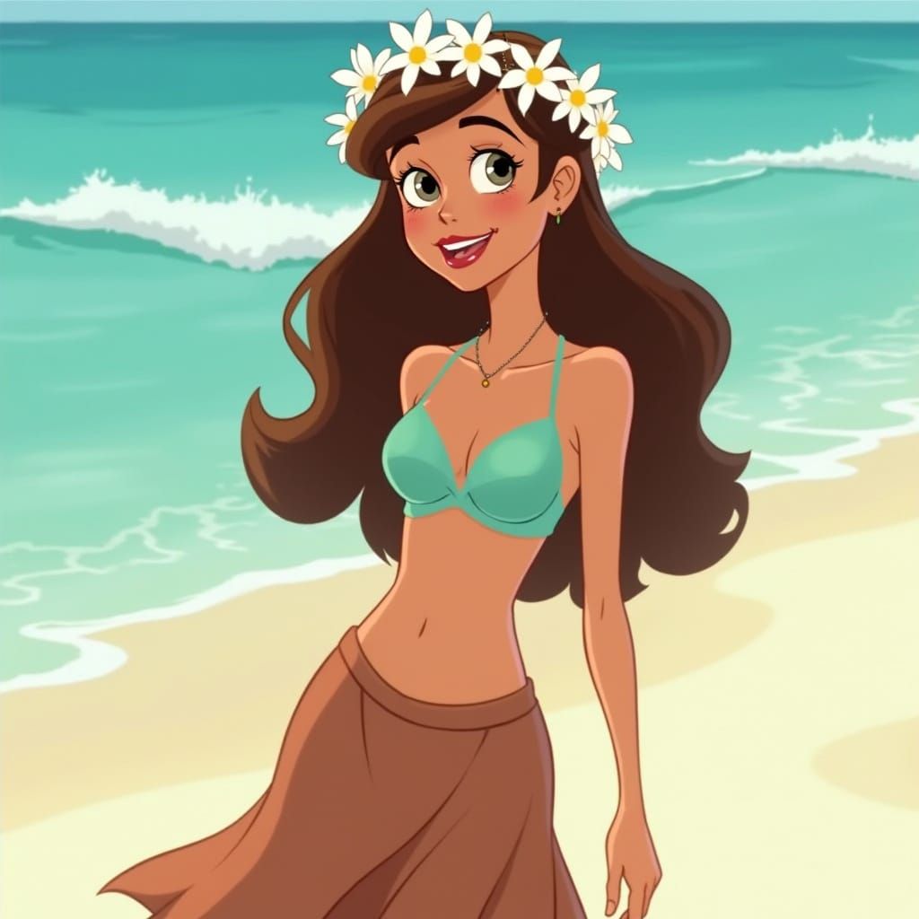 Cheerful Woman on Sunny Beach in Disney Animation Style