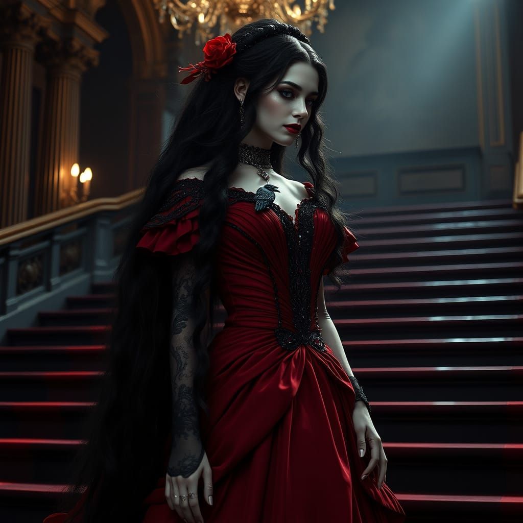 Gothic Halloween Princess in Luxury Red and Black Gown