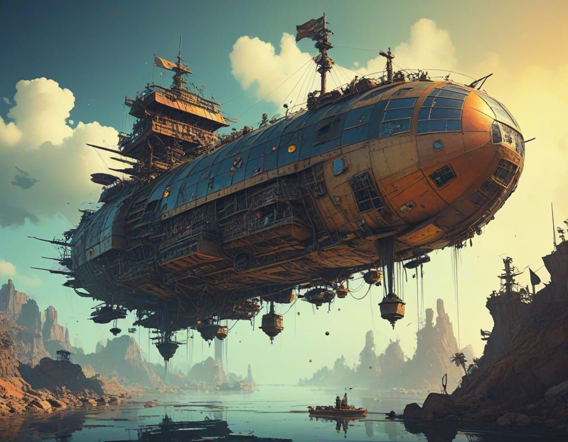 Solarpunk Pirate Airship in Vibrant, Dreamlike Abstraction