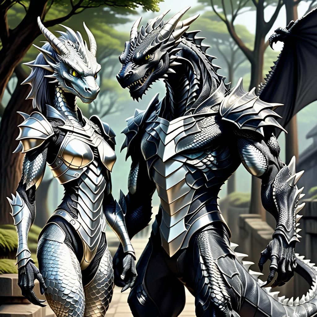 Detailed Black and Silver Dragon Anthro in Anime Art