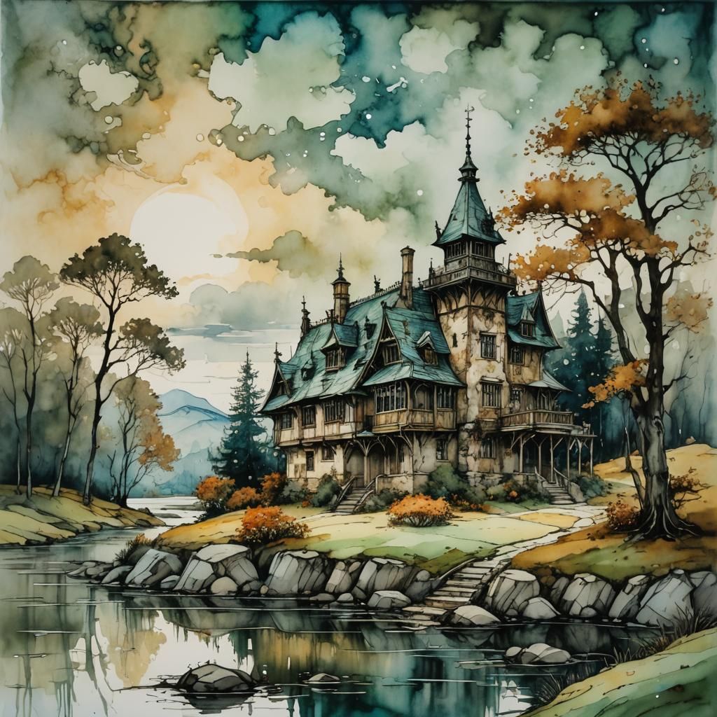 Serene Landscape Building in Alcohol Ink Style