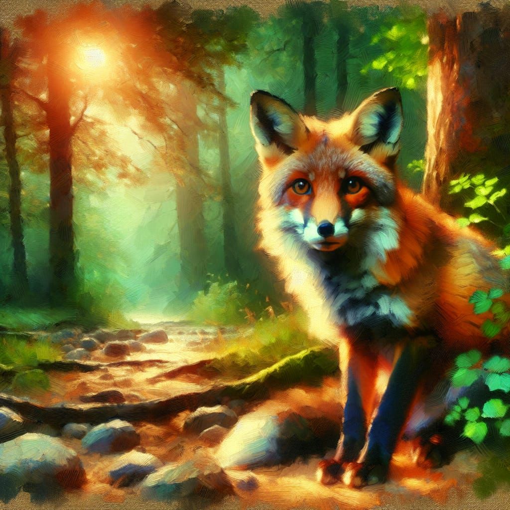 Fox in Woodland Scene as Oil Painting