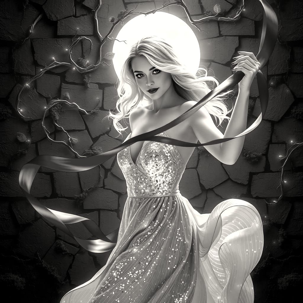 Ethereal Goddess in Art Nouveau Inspired Red Ribbon Dance