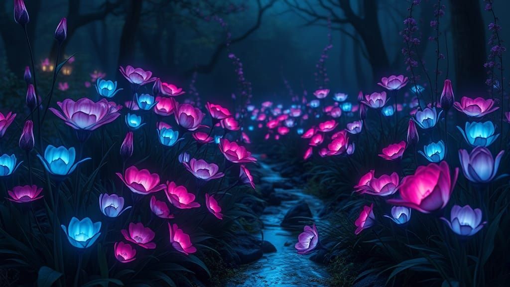 Mystical Garden with Glowing Flowers, Fantasy Concept Art