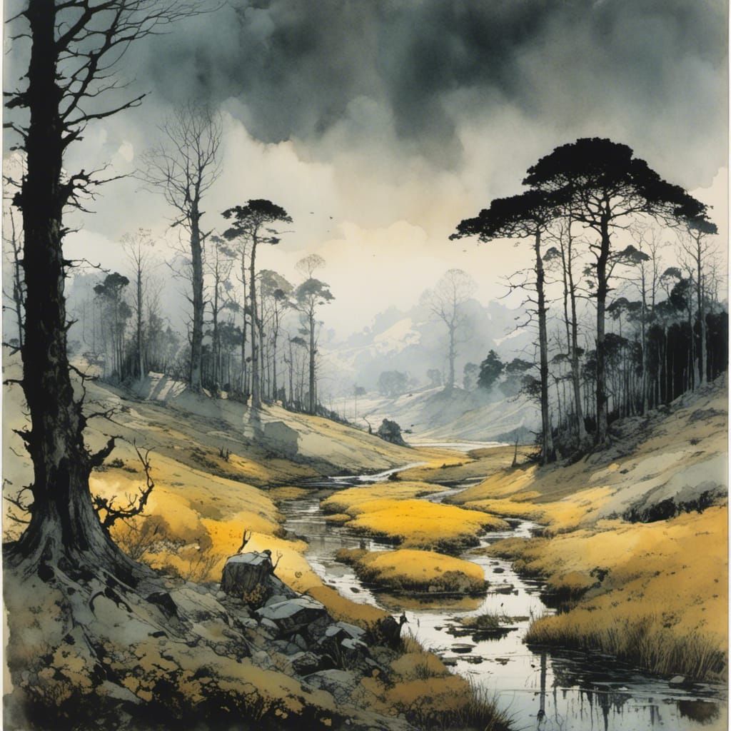 Peaceful Landscape in Watercolor and Texture Style